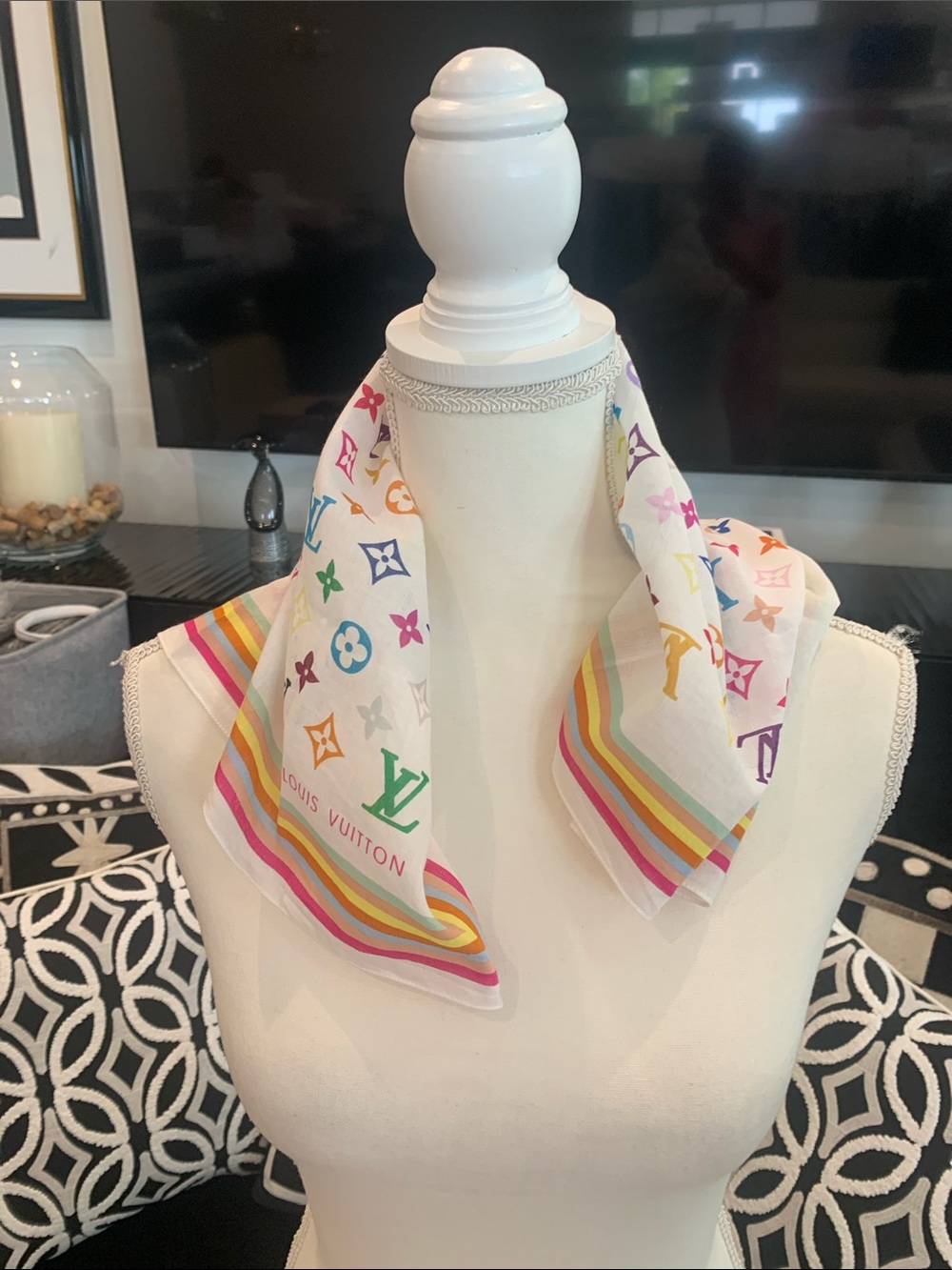 Louis Vuitton White Multicolor Monogram Kids Silk Scarf. Never worn
